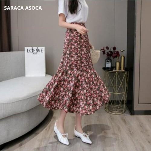 Fashion Elastic Waist Print Trumpet Bust Skirt Women High Waist Mid-length Pleated Mermaid Skirt Girls