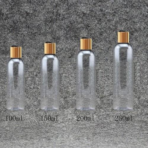 30pcs 100/150/200/250ml gold Disc top Cap clear bottle Empty Plastic PET Lotion Bottle travel size plastic bottles for Shampoo