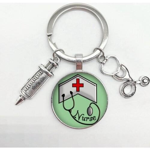 Popular Medical Syringe Stethoscope Keychain Syringe Pattern Convex Round Glass Pendant Keychain