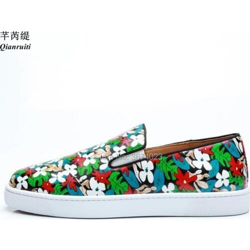 Qianruiti Men Mixed Color Shoes Floral Print Loafers Round Toe Rubber Sole Slip On Patent Leather Sneakers Thick Flat Men