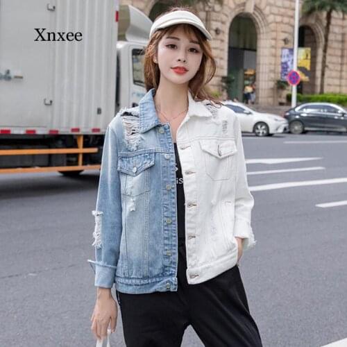 Plus Size Denim Jackets Women Autumn White Blue Patchwork Wash Long Sleeve Vintage Casual Jean Jacket Bomber Denim Coat