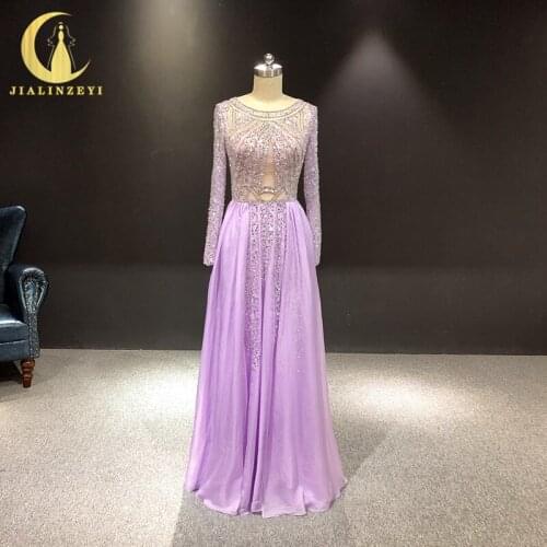 JIALINZEYI Real Sample Image Purple Long sleeves Beads Chiffon Luxurious Dress for Party Evening Dresses