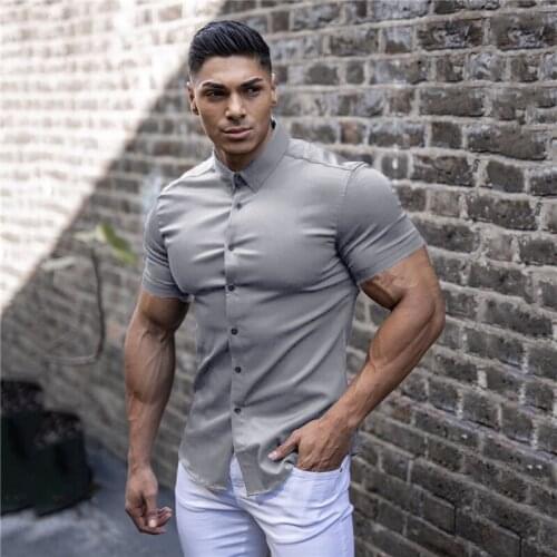 Running Short Sleeve Shirt Mens Fashion Sports Super Slim Fit Mens Social Business Dress Shirt Summer Fitness Men Gym Clothing