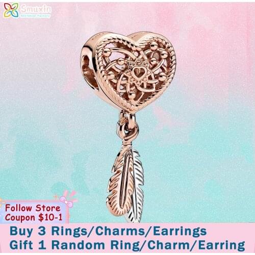 Smuxin 925 Sterling Silver Bead Openwork Heart & Two Feathers Dreamcatcher Charm fit Original Pandora Bracelets Women Girl Gift