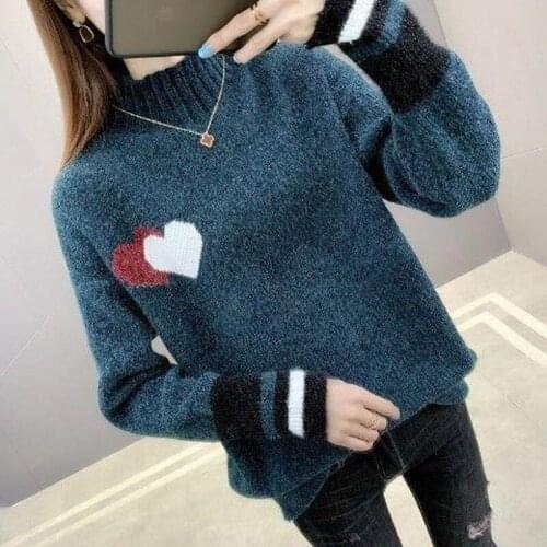 Sweater womens autumn and winter fashion new imitation mink velvet pullover long-sleeved half-high collar color-blocking blouse