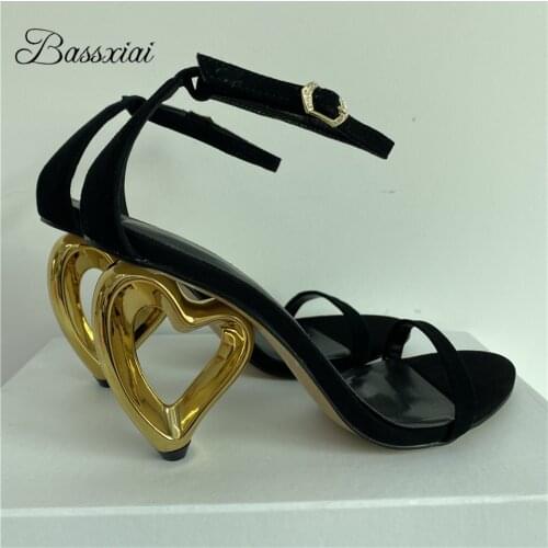 Unique Heart-Shaped Heel Womens Sandals Summer Luxury Suede One-Strap Fretwork Strange Heels Party Sandalias Mujer