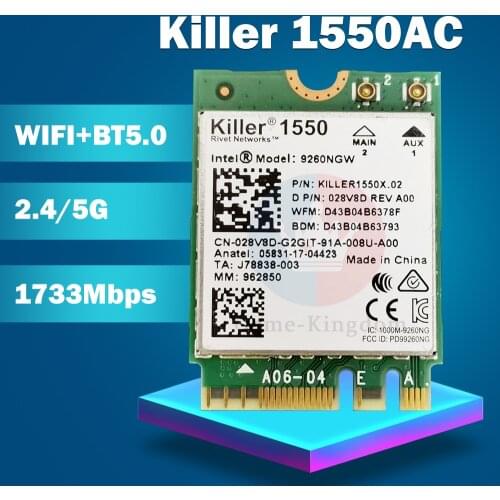 WiFi-card 9260AC For Killer 1550 Intel 9260 9260NGW NGFF 1730Mbps WiFi + Bluetooth 5.0 802.11ac Card