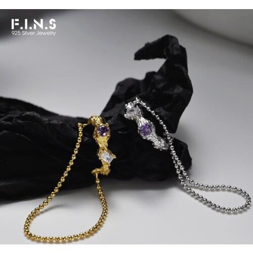 F.I.N.S 1PC Korean Style 100% S925 Sterling Silver Earcuff Clip No Pierced Bead Chain Hanging Concave Convex CZ Ear Bone Jewelry