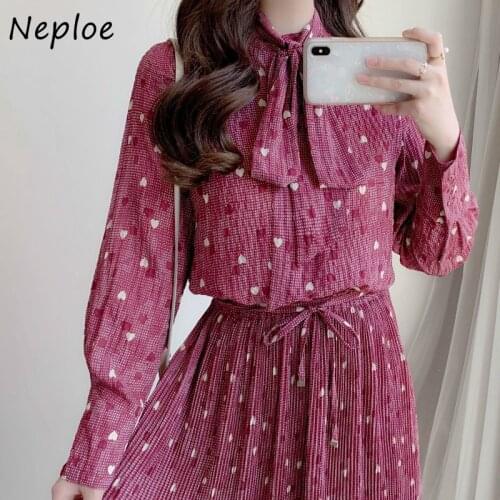 Neploe French Style Hit Color Women Shirts Elegant Chic Love Heart Print Drawstring Blouse 2021 Spring Summer New Femme Blusas