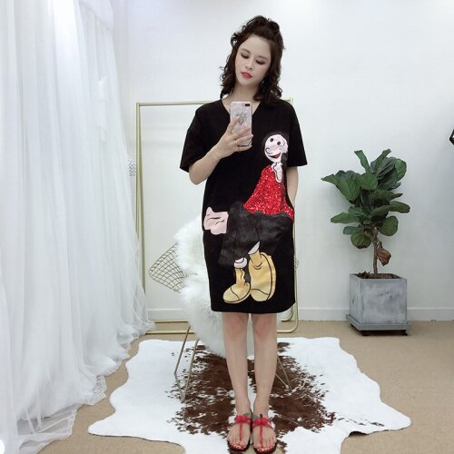 Skirt womens summer 2021 new foreign style womens loose V-neck cartoon print embroidered Sequin T-shirt dress