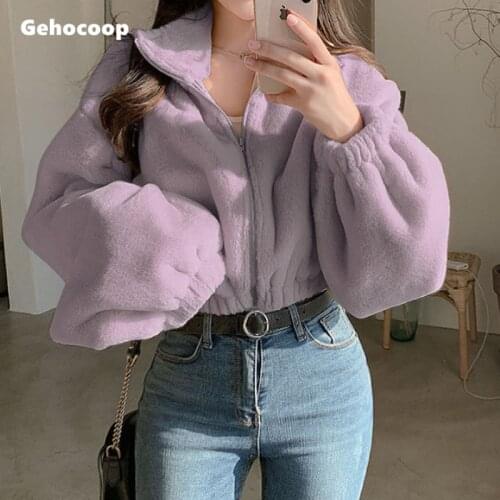 Womens Jacket Winter Warm Faux Rabbit Fur Coat Women Short Jackets Zipper Long Sleeve Standneck Casual Outwear Ladies Overcoat