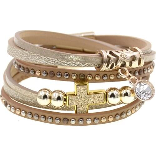 Women bracelets bohemia leather bracelets trendy cross wrap bracelets for women jewelry Magnetic Clasp bracelets