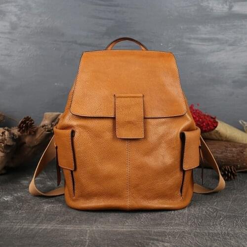 Retro 2021 Summer Female Genuine Leather Backpack Large Capacity Cowhide Women Bag Leisure Solid Color Travel Bagpack Sac A Dos