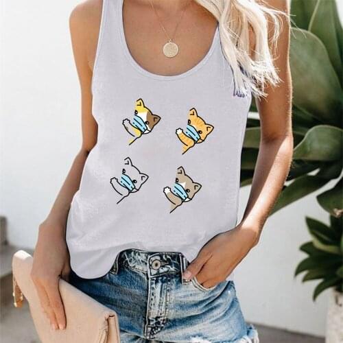 Women Sleeveless Summer Loose Funny Tops Mujer Plus Size Clothing for Women Lovely Kawaii Tee Cat Wearing A Mask Print Tank Top