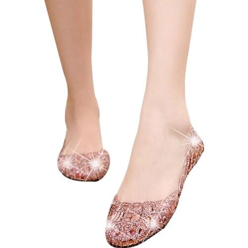 1 Pair Women Flats Hollow Glitter Sandals Jelly Flat Shoes Breathable for Summer Beach Party -MX8