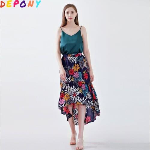 2020 depony Summer black floral print beach Bohemian skirt Women Long Skirts Elastic High Waist Midi Skirt rayon cotton
