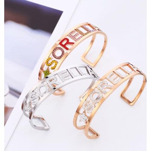 Stainless Steel Bangle for Women Colorful Rhinestone SORELLA Letters Cuff Bracelets Luxury Jewelry Accessories Wedding Gift 2020