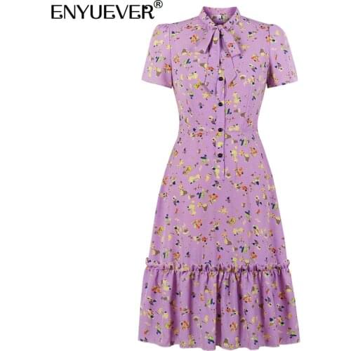 Enyuever Elegant Women Dress Summer Clothes Short Sleeve Ruffles Hem Fashion Bow Tie Neck Lavender Print Casual Dress Streetwear