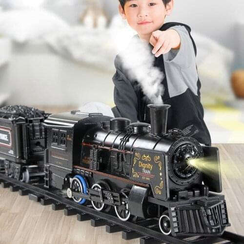 Electric Train Toy Set Railway Classical Freight Train Water Steam Locomotive Playset with Smoke Simulation Model Toys Kids Boys