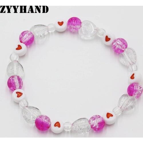 Fuchsia Beads Heart Women Elastic Bracelet Transparent Girl Small Arcylic Plastic Charm Lady Romantic Customized Jewelry