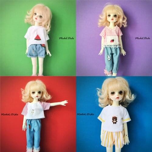 Cute Fruit Pattern T-shirt for 1/6 BJD Denim Pants Shorts Clothes for 1/8 BJD, Blyth Doll Outfits Accessories