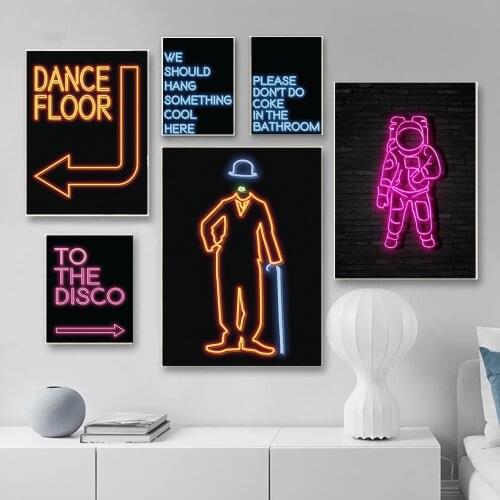 To the disco Quote Wall Art Canvas Home Decor Astronaut Painting Print Neon Lights Modern Dance Floor Posters Picture