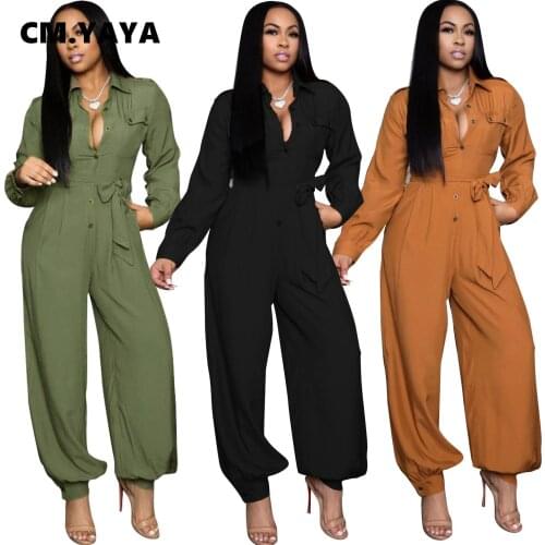 CM.YAYA Autumn Winter Womens Jumpsuit Long Sleeve Button Up With Sashes Streetwear One Piece Turn Neck Overall Rompers Outfits
