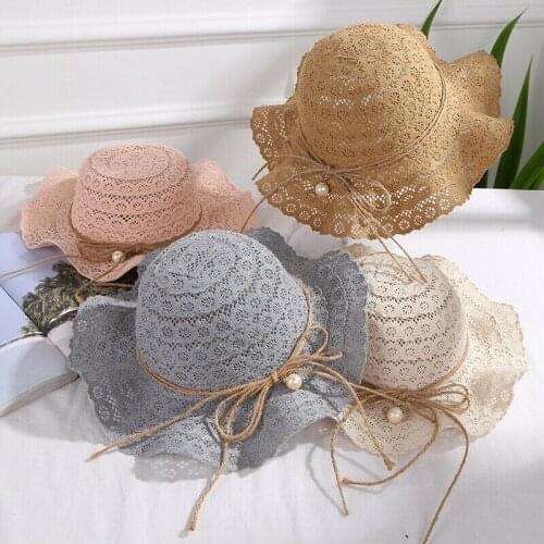 Summer Baby Girls Kids Hats Flowers Lace Wave Beach Bucket Hat Children Cap Pearl Holiday Sun Hat