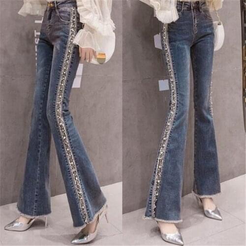 2020 Best-selling New fashion Flared Jeans Female Pearl Side Beaded Stripes Stitching Long Pants Women Jeans Blue