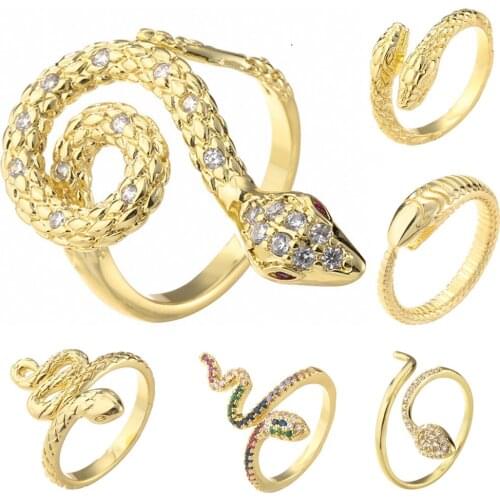 Fashion Micro Pave AAA+ Zircon Animal Snake Open Adjusted Finger Ring Punk Gold Color Rings For Women Copper Jewelry