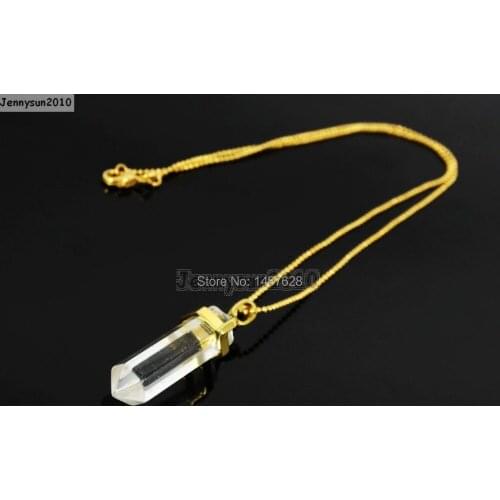 Natural Crystal Quartz Gems Stones Hexagonal Pointed Healing Reiki Chakra Pendant Beads Gold 17'' Chain Necklace 5 Sets/Pack