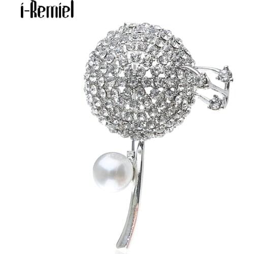 New Elegant Dandelion Flower Brooches for Women Crystal Rhinestone Jewelry Coat Pearl Korean Floral Suit Sweater Pin Accessories