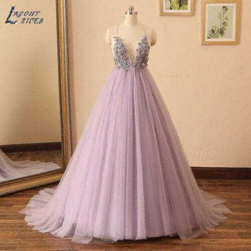 Sexy Deep V Neck Open Back Evening Dress Tulle Celebrity Gown A Line Long Spaghetti Straps Lace Beads Party