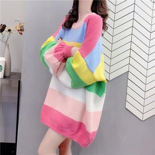 Sweater Woman 2020 Fashion Sweet O Neck Long Sleeve Rainbow Striped Knitted Pullover Elegant Korean Loose Sweater Women AA5501