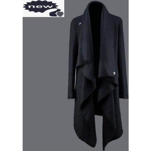 Gothic Trench Street Style Irregular Medium-Long Woolen Coat Men Autumn Winter Warm Black Casual Overcoat Plus Size