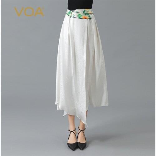 VOA Silk Print Natural Waist Bump Stitching Button Fold Asymmetric Loose Refreshing Skirt CE88 Fashion Clothing Woman Skirts