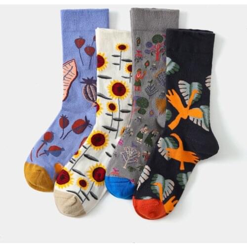 Funny Jacquard Soft Combed Cotton Socks Women Men Japanese Harajuku Hip-hop Art Socks Creative Sunflower Seed Bird Vintage Sock