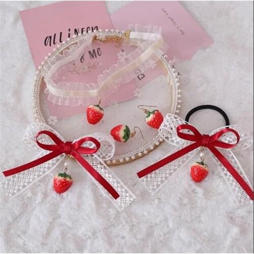 Mori Girl Strawberry ribbon Bowknot Hair clip Lolita Womens Kawaii necklace Headwear Cosplay Hair Accessories B898