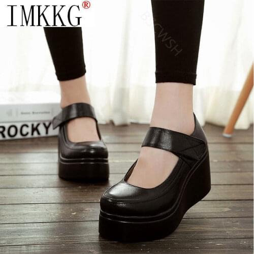 Wedge Womens Autumn Shoes Thick-soled Round Toe Black Platform High-heeled Pumps Female Students Lolita Shoes 2021 New Trend