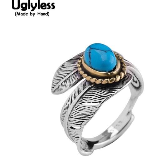 Uglyless Vintage Indian Stylish Feather Open Rings Women Bohemia Turquoise Adjustable Rings Solid 925 Silver Fine Jewelry R1042
