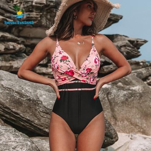 Beachsissi Sexy One Piece Swimwear Women Flower Print Swimsuit 2021 Twist Criss Cross Front Beach Swim Wear Bikinis Biquini