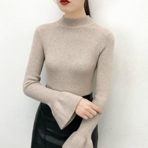2019 half-neck sweater womens bottoming shirt winter new long trumpet sleeves slim wild pullover shirt sweater