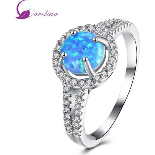 Cute Jewelry Silver Color Fire Blue Opal Ring With AAA Zircon Party Gift Wedding Anniversary Womens Ring R2097