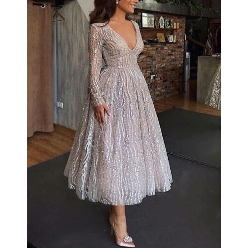 Robe ceremonie femme silver pressed night party swing formal dress women elegant sexy v neck long sleeve perspective frocks 2019