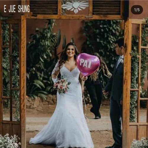 E JUE SHUNG Vestido De Noiva New Mermaind Wedding Dresses Scoop Neck Long Sleeves Appliques Bridal Gowns Mariage Bride Dresses