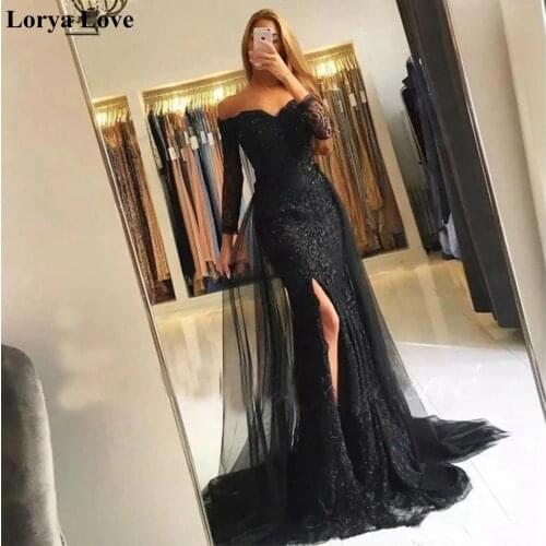 Black Split Evening Dresses 2020 Women Party Mermaid Off The Shoulder Long Sleeves Robe De Soiree Elegant Vestidos Prom Dress