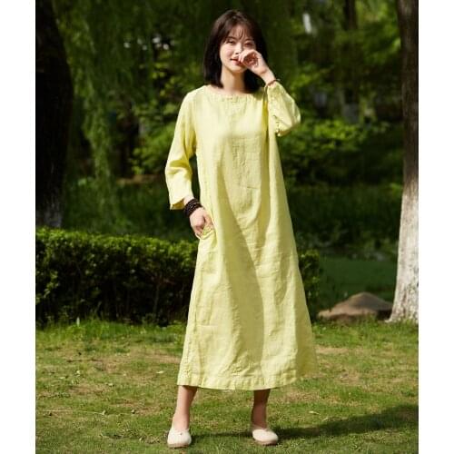 Women Spring Summer Linen Dress Ladies Vintage Flax 2020 Dresses Female 2020 Solid Color Vintage Loose Dress