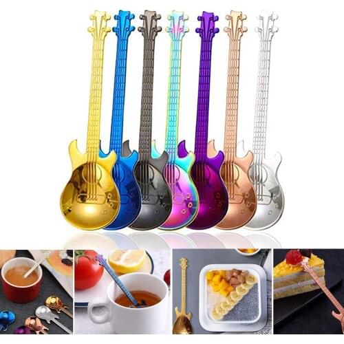 1pcs Guitar Spoons Coffee Teaspoon Stainless Steel Colorful Dessert Spoon Rainbow Tableware Creative Flower Tea Spoons