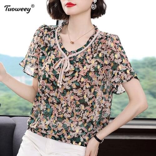2021 Summer style Off Shoulder Chiffon Shirt Women Casual Korean Style Loose Print Blouse Women O Neck Short Sleeve Lady Tops