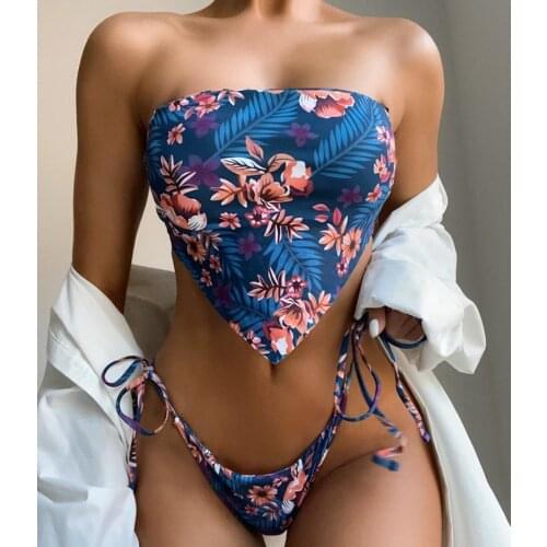 2021 Sexy Womens Bikini Set Strapless Two Piece Swimsuit Floral Print Lace Up Ladies Swimwear Summer Bathing Suit Biquini
